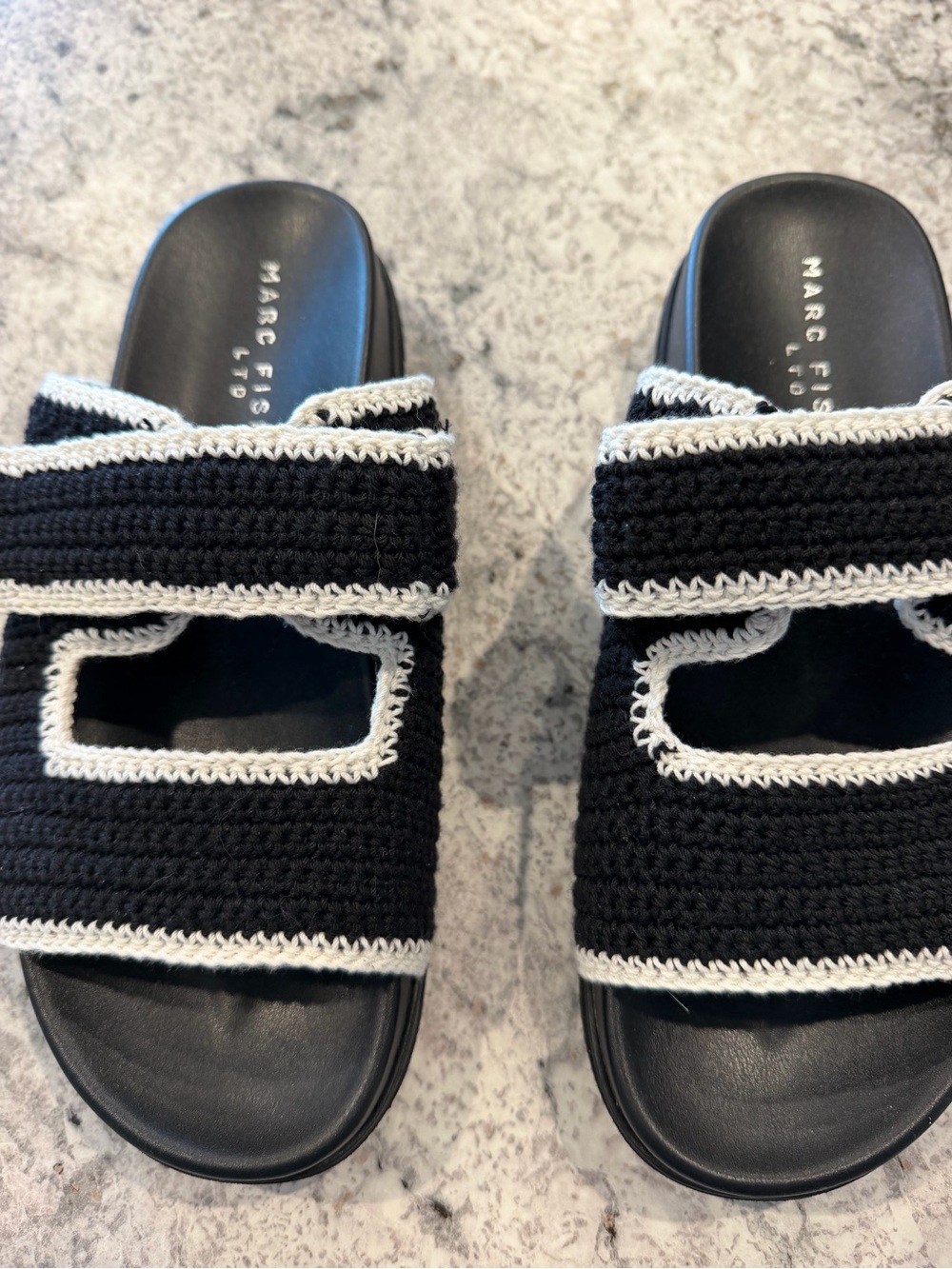 Marc Fisher Black Crochet Slide Sandals with White Trim